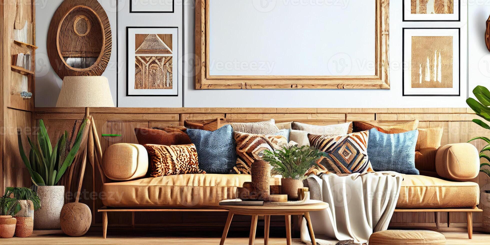 Stylish scandinavian living room with design mint sofa, furnitures, mock up poster map, plants and elegant personal accessories. Modern home decor. Bright and sunny room. Generative AI illustration. photo