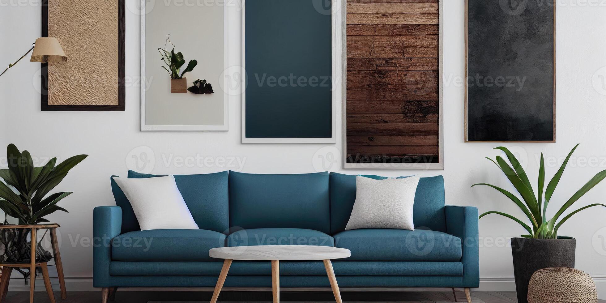Stylish scandinavian living room with design mint sofa, furnitures, mock up poster map, plants and elegant personal accessories. Modern home decor. Bright and sunny room. Generative AI illustration. photo