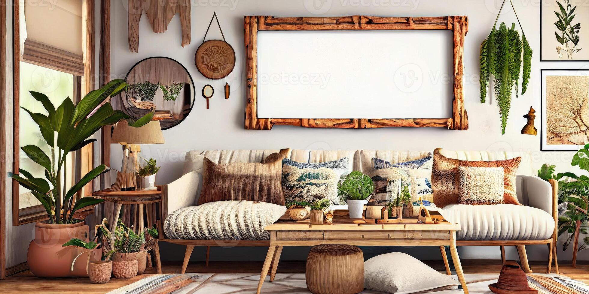 Stylish scandinavian living room with design mint sofa, furnitures, mock up poster map, plants and elegant personal accessories. Modern home decor. Bright and sunny room. Generative AI illustration. photo