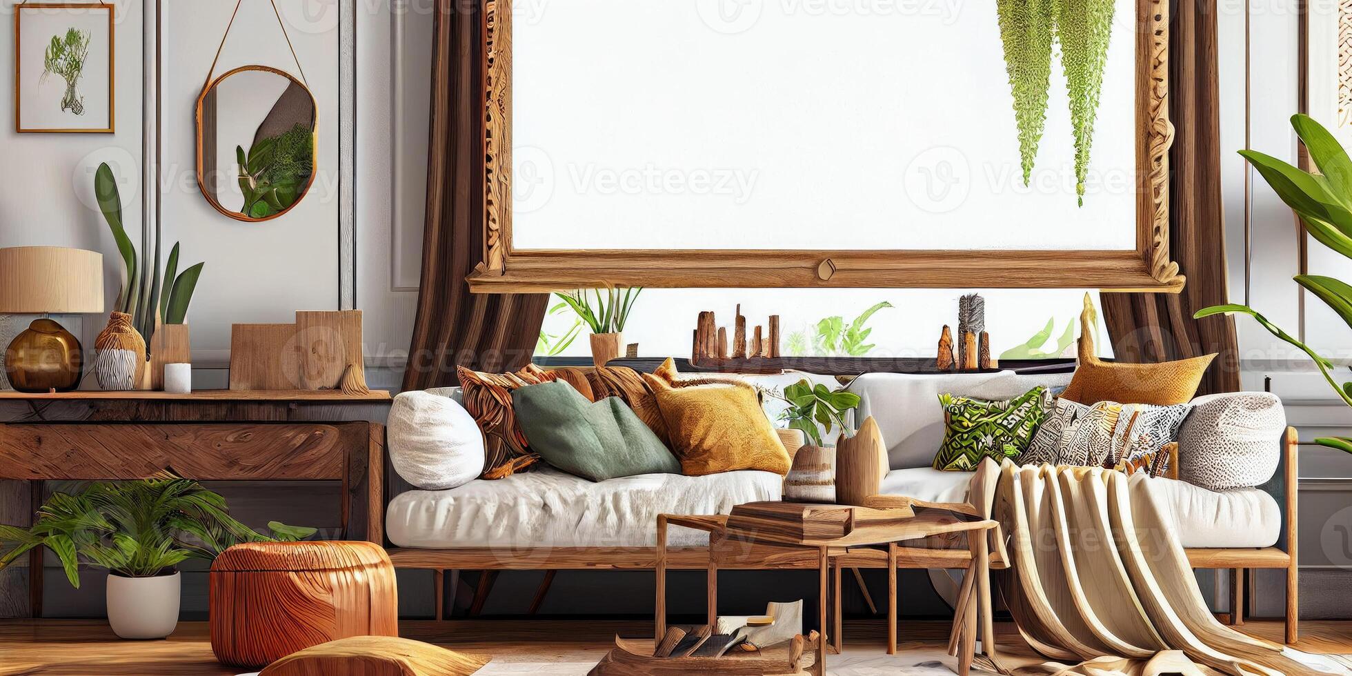 Stylish scandinavian living room with design mint sofa, furnitures, mock up poster map, plants and elegant personal accessories. Modern home decor. Bright and sunny room. Generative AI illustration. photo