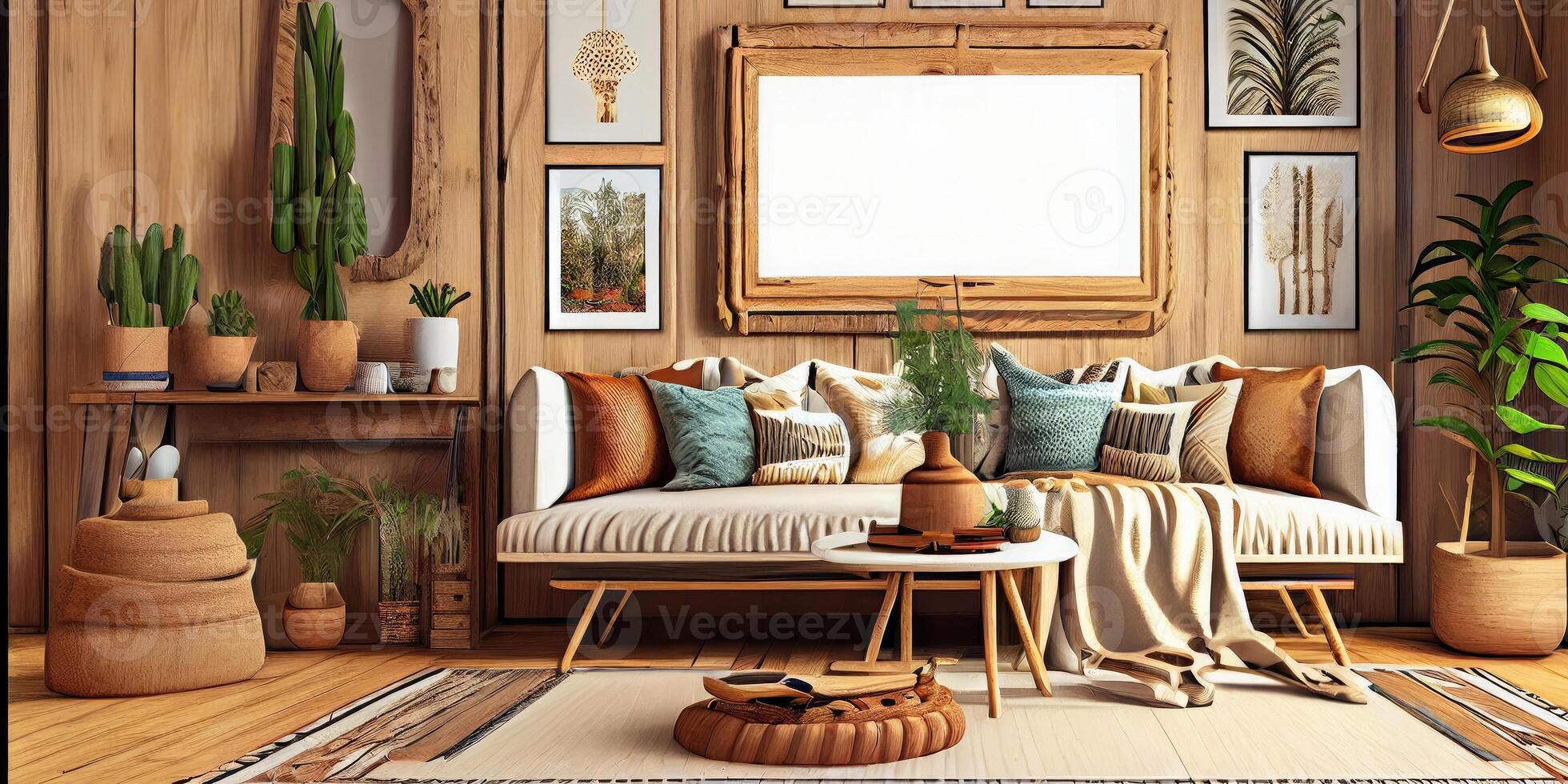 Stylish scandinavian living room with design mint sofa, furnitures, mock up poster map, plants and elegant personal accessories. Modern home decor. Bright and sunny room. Generative AI illustration. photo