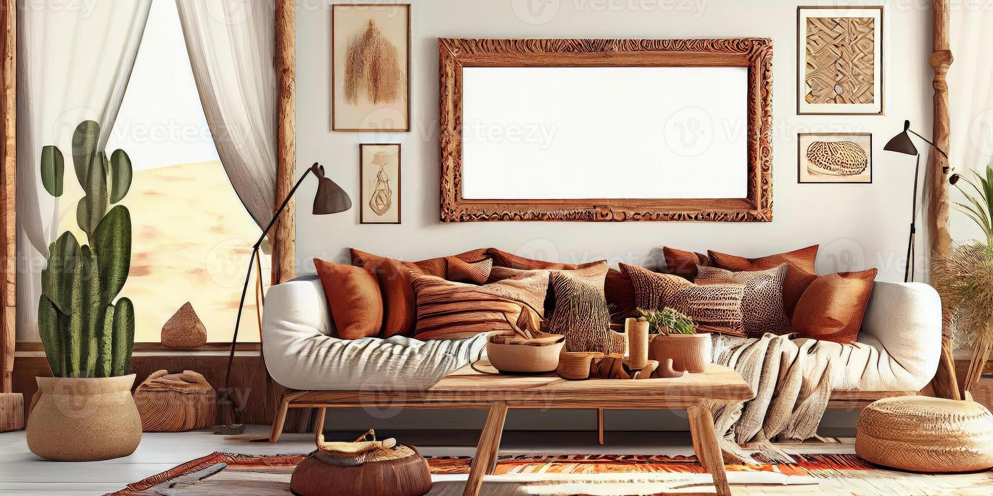 Stylish scandinavian living room with design mint sofa, furnitures, mock up poster map, plants and elegant personal accessories. Modern home decor. Bright and sunny room. Generative AI illustration. photo