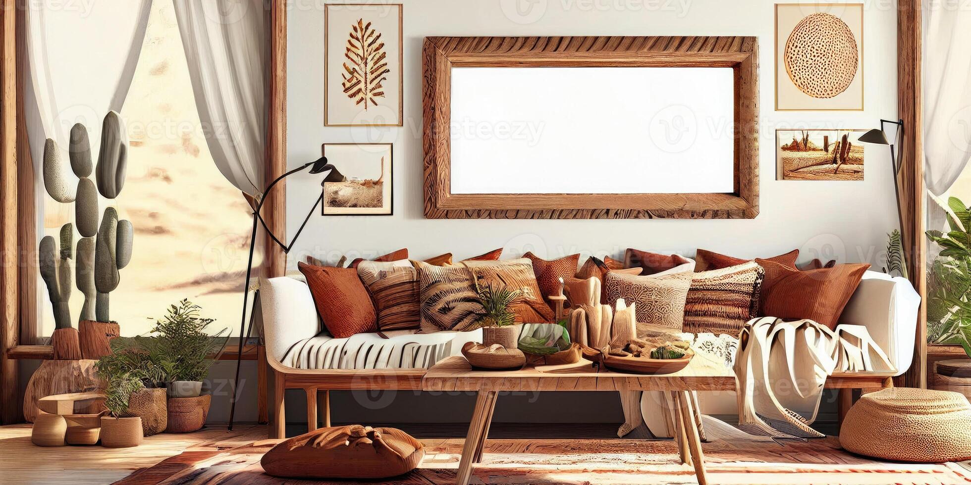 elegante escandinavo vivo habitación con diseño menta sofá, muebles, burlarse de arriba póster mapa, plantas y elegante personal accesorios. moderno hogar decoración. brillante y soleado habitación. generativo ai ilustración. foto