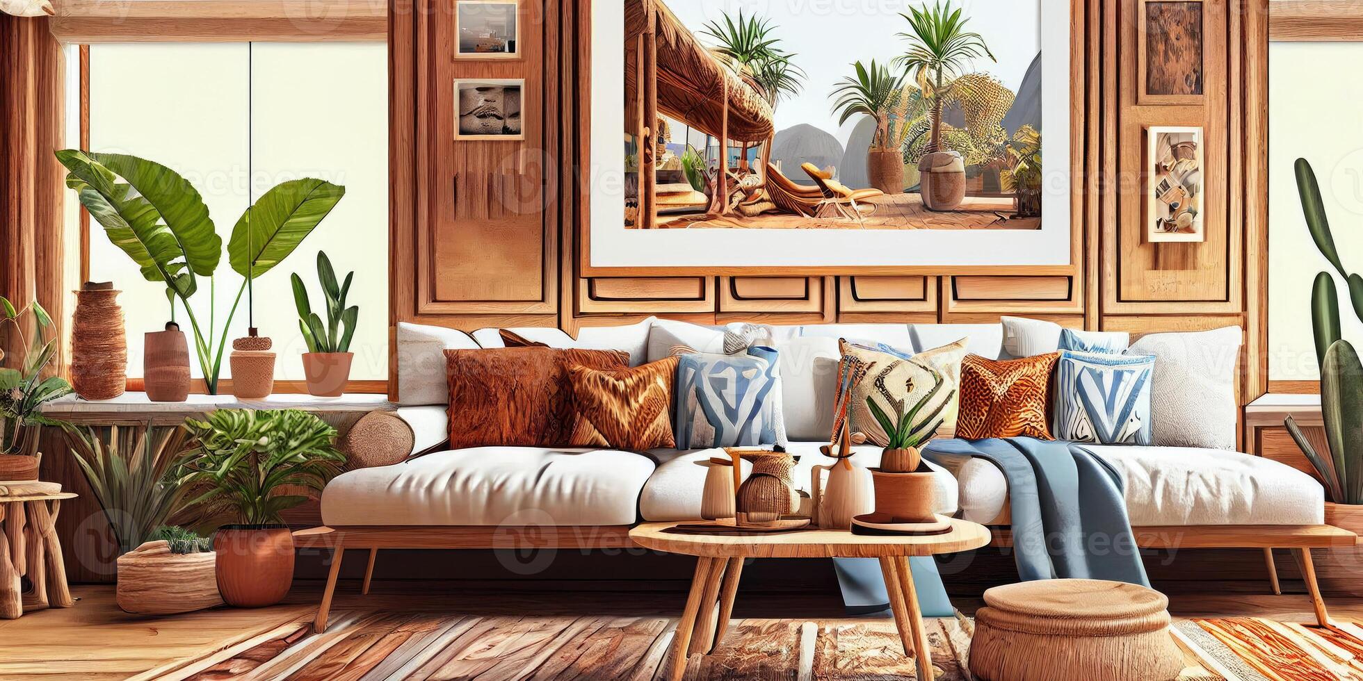 Stylish scandinavian living room with design mint sofa, furnitures, mock up poster map, plants and elegant personal accessories. Modern home decor. Bright and sunny room. Generative AI illustration. photo