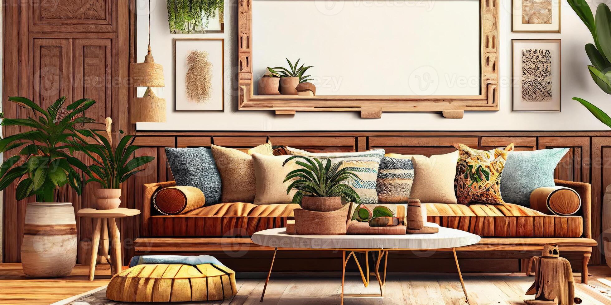 Stylish scandinavian living room with design mint sofa, furnitures, mock up poster map, plants and elegant personal accessories. Modern home decor. Bright and sunny room. Generative AI illustration. photo