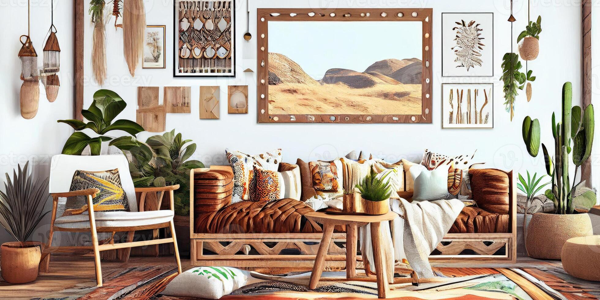 Stylish scandinavian living room with design mint sofa, furnitures, mock up poster map, plants and elegant personal accessories. Modern home decor. Bright and sunny room. Generative AI illustration. photo