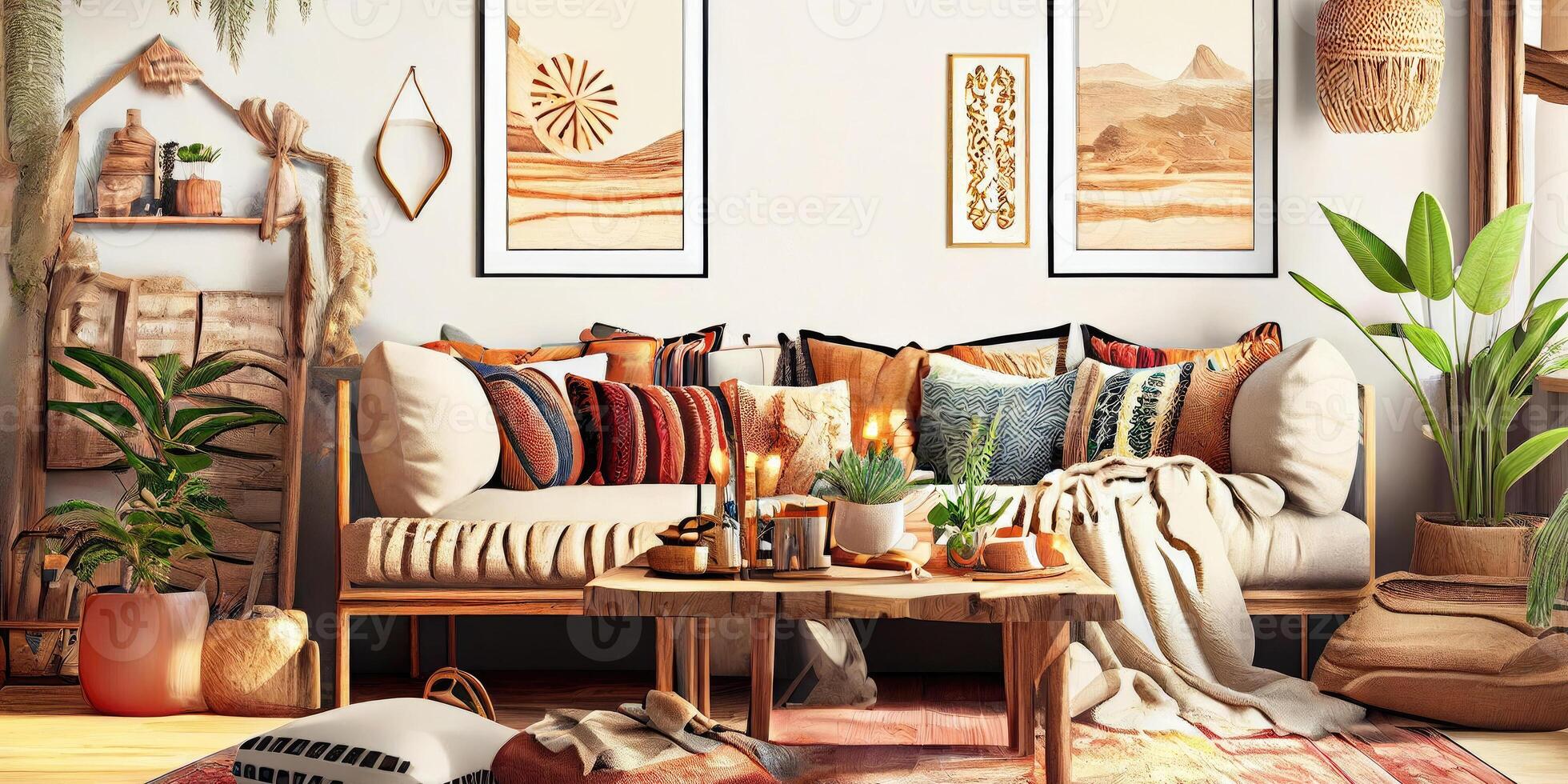 Stylish scandinavian living room with design mint sofa, furnitures, mock up poster map, plants and elegant personal accessories. Modern home decor. Bright and sunny room. Generative AI illustration. photo