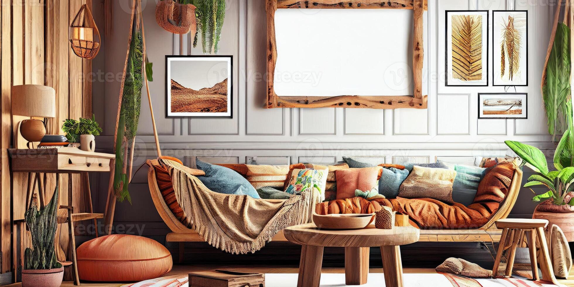 Stylish scandinavian living room with design mint sofa, furnitures, mock up poster map, plants and elegant personal accessories. Modern home decor. Bright and sunny room. Generative AI illustration. photo