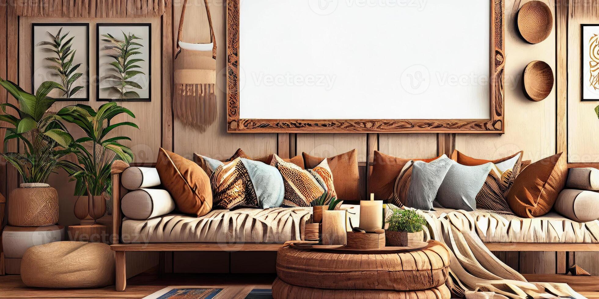 Stylish scandinavian living room with design mint sofa, furnitures, mock up poster map, plants and elegant personal accessories. Modern home decor. Bright and sunny room. Generative AI illustration. photo