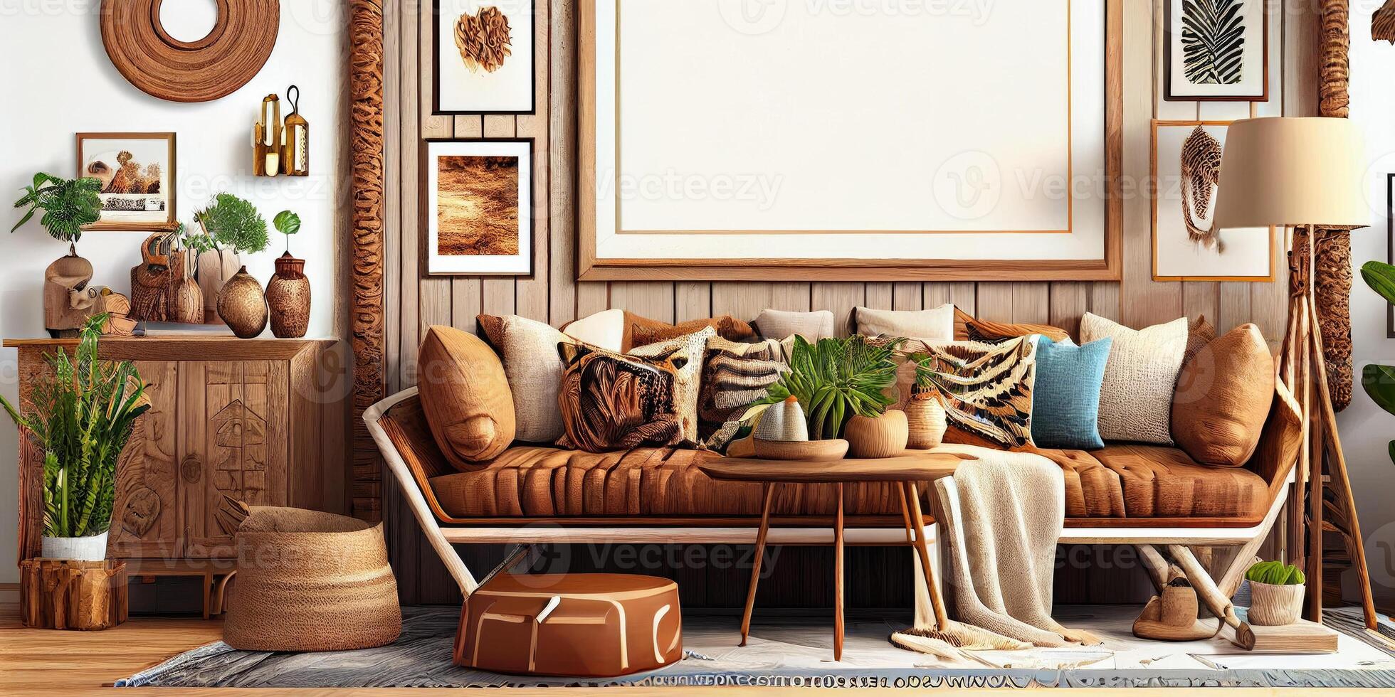 elegante escandinavo vivo habitación con diseño menta sofá, muebles, burlarse de arriba póster mapa, plantas y elegante personal accesorios. moderno hogar decoración. brillante y soleado habitación. generativo ai ilustración. foto