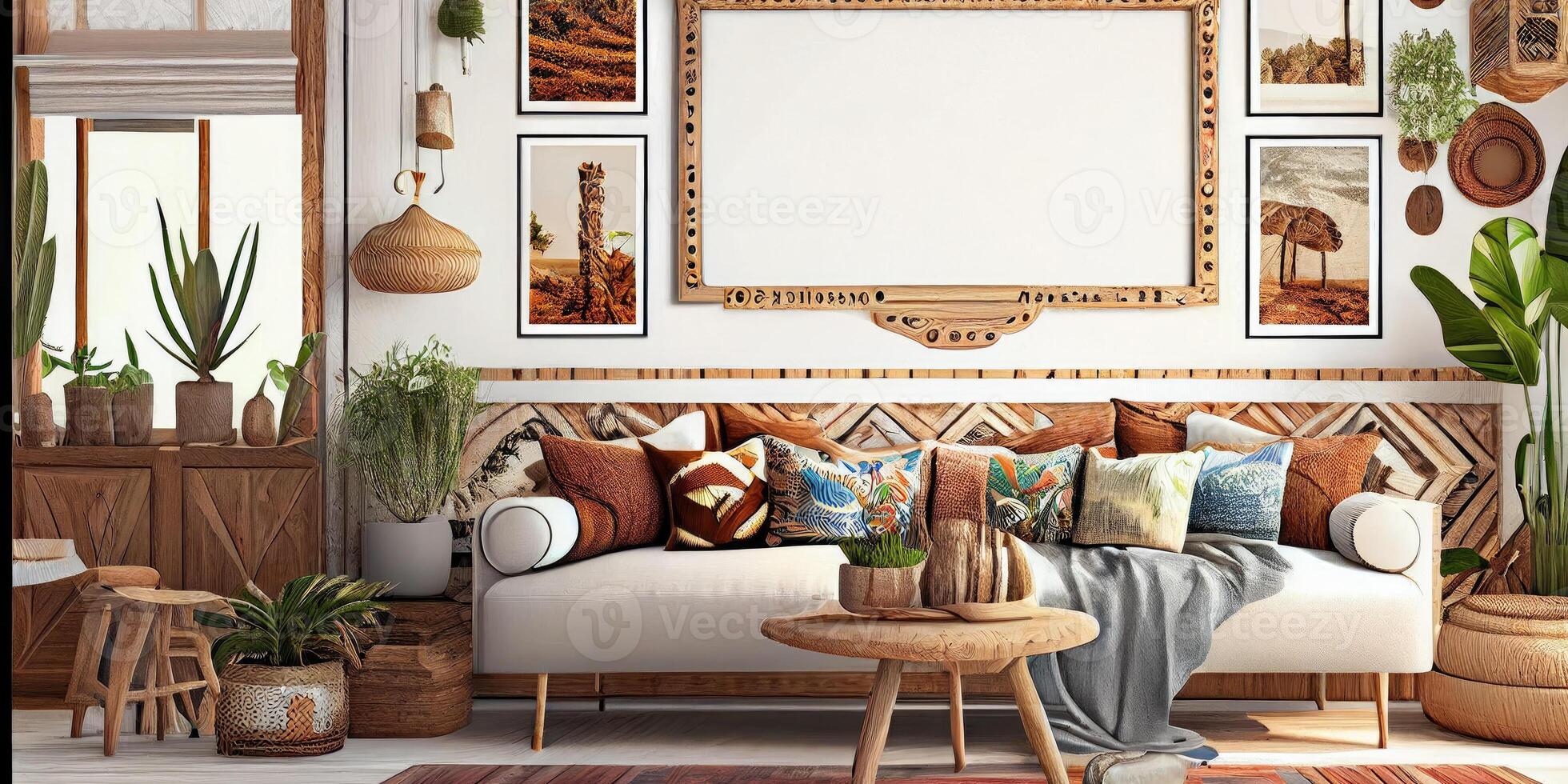 Stylish scandinavian living room with design mint sofa, furnitures, mock up poster map, plants and elegant personal accessories. Modern home decor. Bright and sunny room. Generative AI illustration. photo