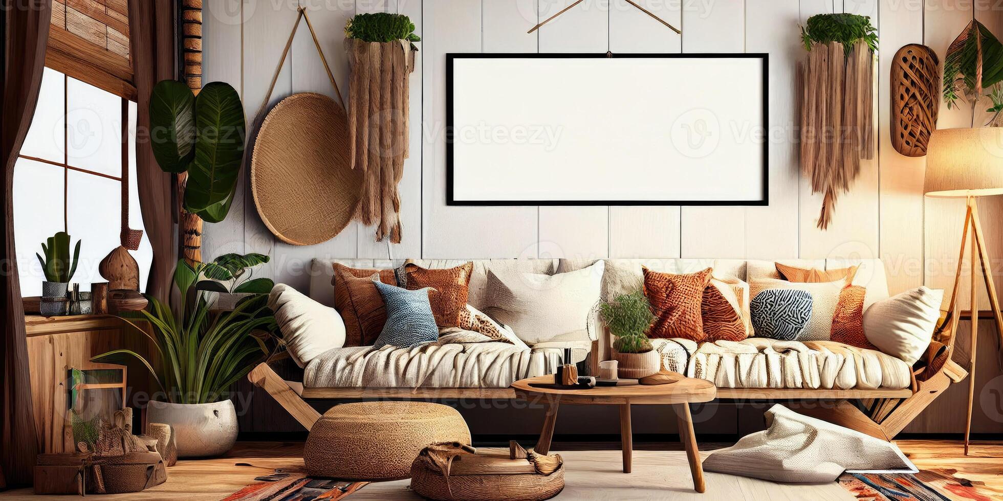 Stylish scandinavian living room with design mint sofa, furnitures, mock up poster map, plants and elegant personal accessories. Modern home decor. Bright and sunny room. Generative AI illustration. photo