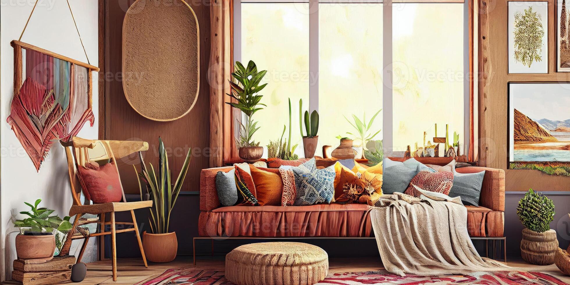 Stylish scandinavian living room with design mint sofa, furnitures, mock up poster map, plants and elegant personal accessories. Modern home decor. Bright and sunny room. Generative AI illustration. photo