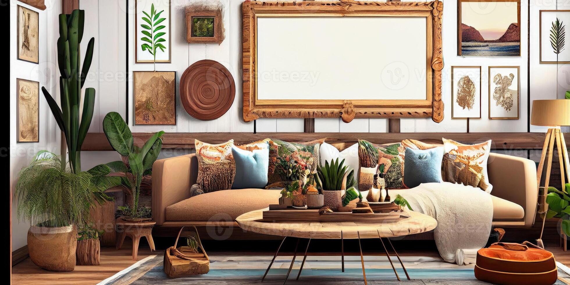 Stylish scandinavian living room with design mint sofa, furnitures, mock up poster map, plants and elegant personal accessories. Modern home decor. Bright and sunny room. Generative AI illustration. photo