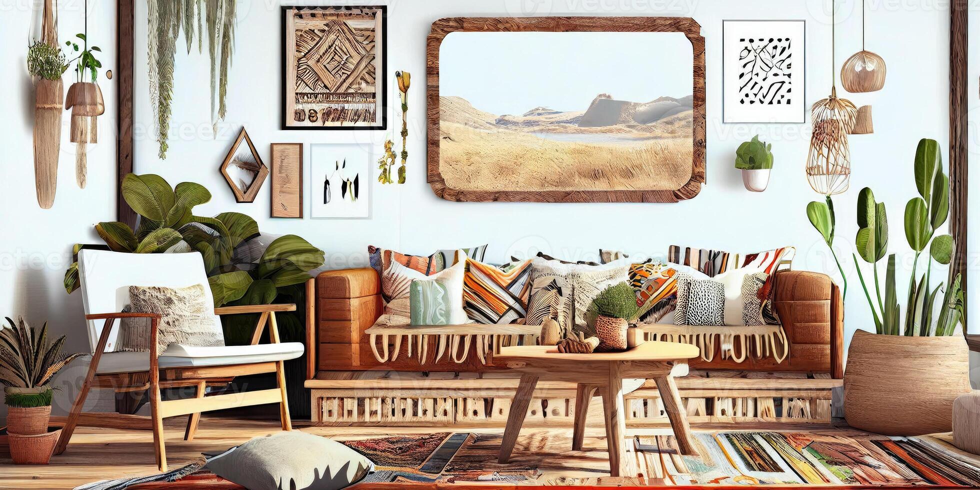 Stylish scandinavian living room with design mint sofa, furnitures, mock up poster map, plants and elegant personal accessories. Modern home decor. Bright and sunny room. Generative AI illustration. photo