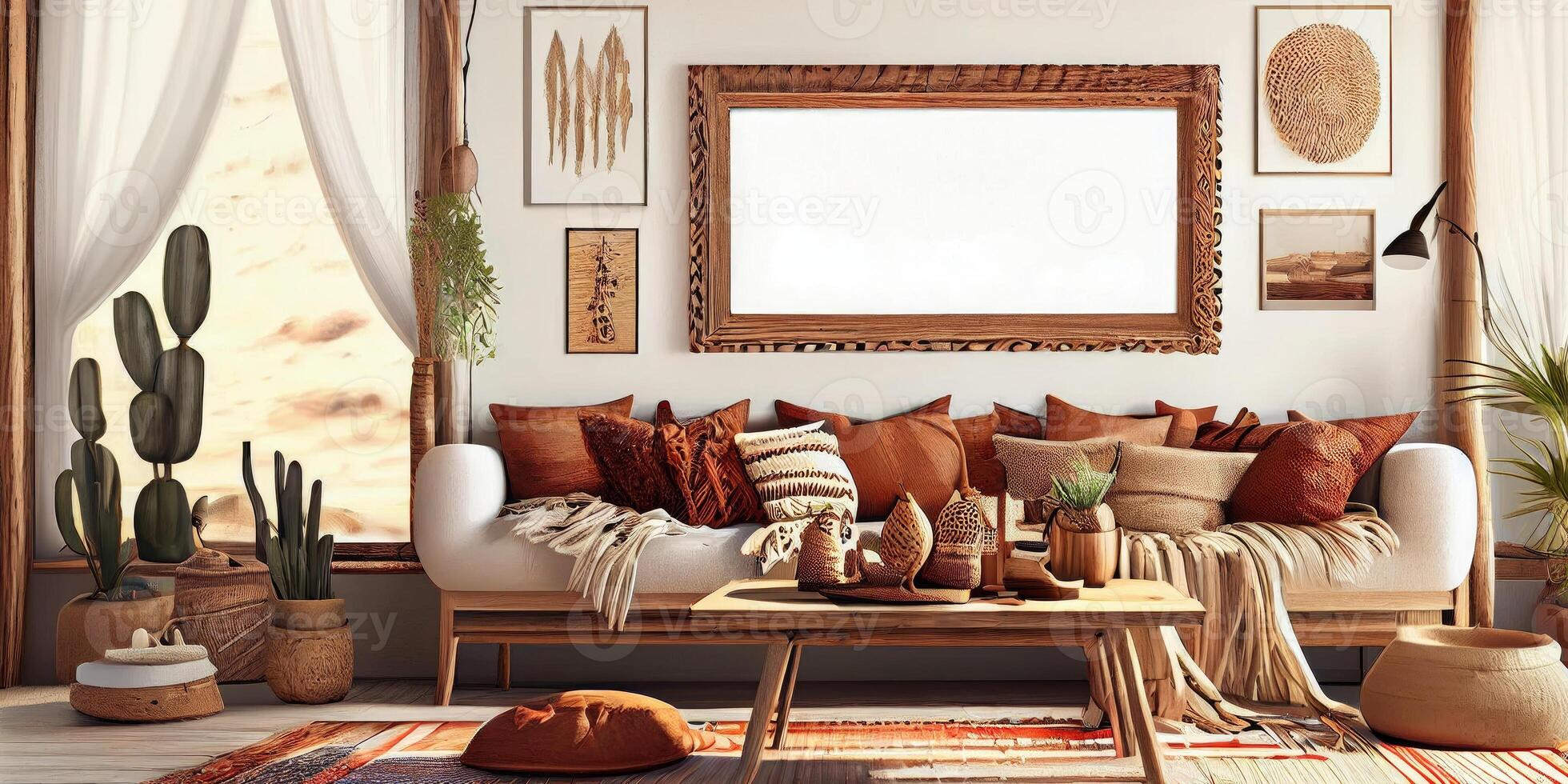 Stylish scandinavian living room with design mint sofa, furnitures, mock up poster map, plants and elegant personal accessories. Modern home decor. Bright and sunny room. Generative AI illustration. photo