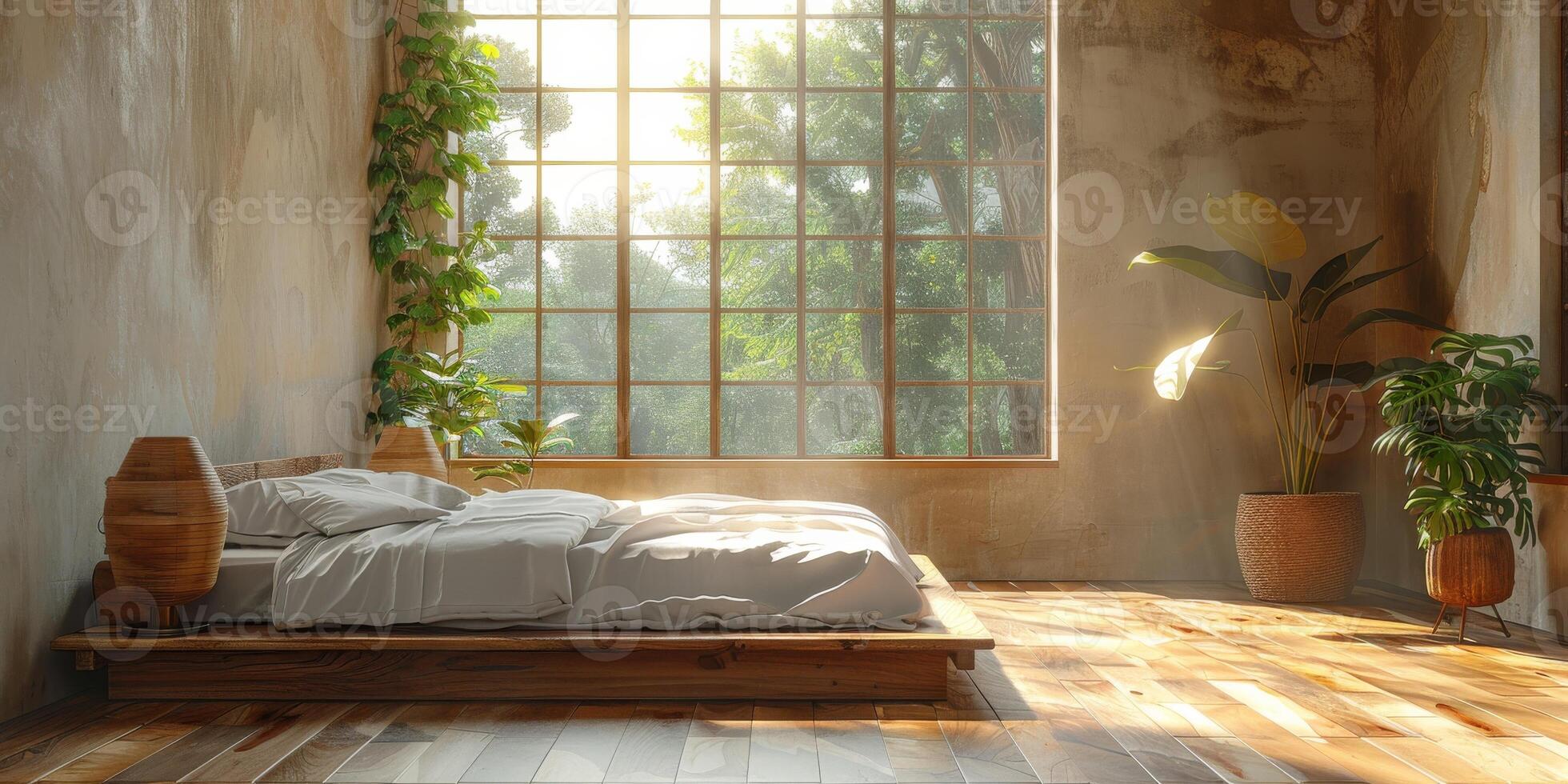AI Generated Bright and cozy modern bedroom with wooden large bed. smoothing morning light with modern decoration. 3d render photo