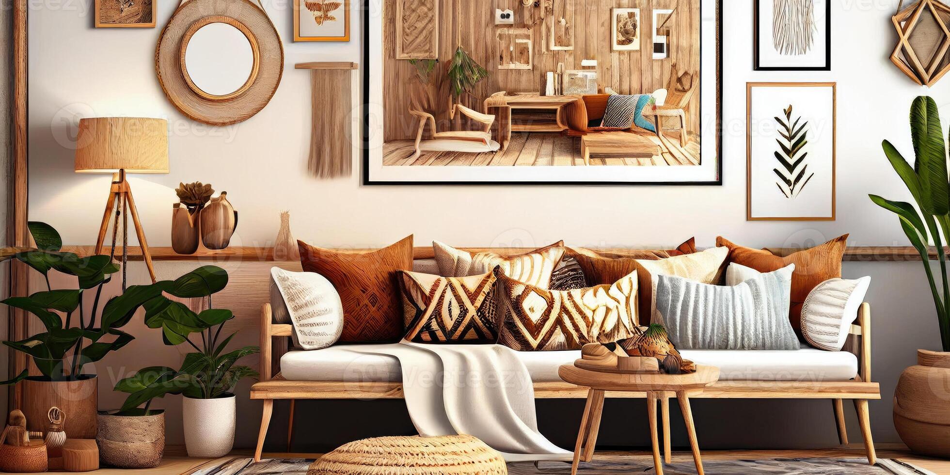 elegante escandinavo vivo habitación con diseño menta sofá, muebles, burlarse de arriba póster mapa, plantas y elegante personal accesorios. moderno hogar decoración. brillante y soleado habitación. generativo ai ilustración. foto