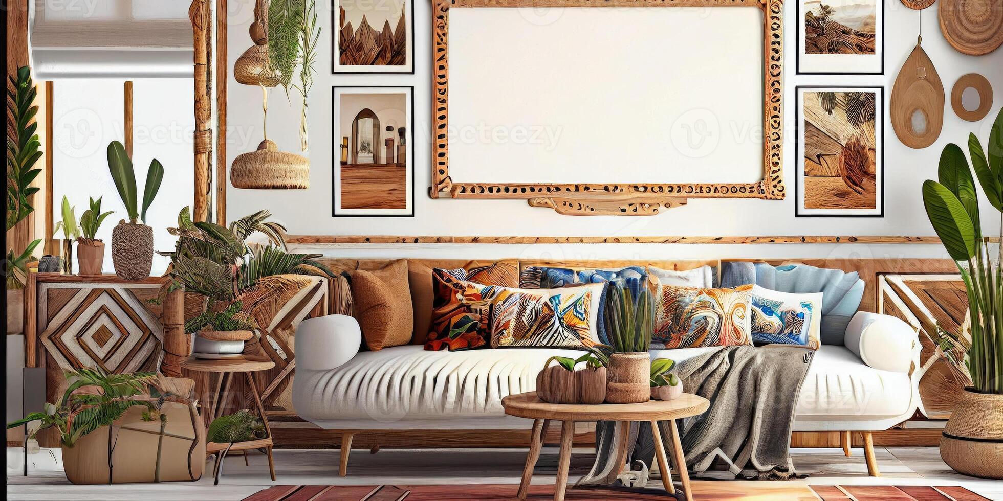 Stylish scandinavian living room with design mint sofa, furnitures, mock up poster map, plants and elegant personal accessories. Modern home decor. Bright and sunny room. Generative AI illustration. photo