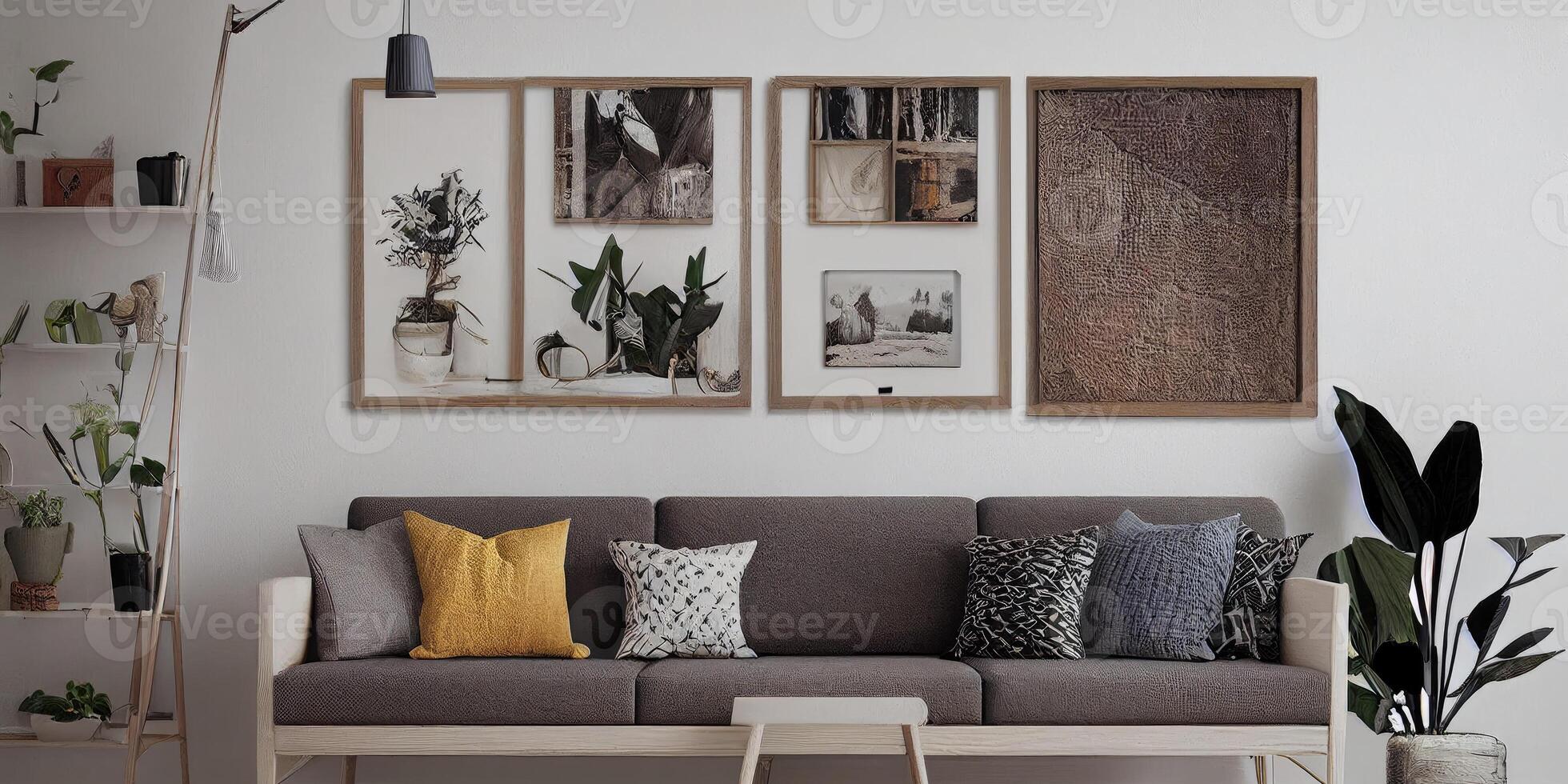 Stylish scandinavian living room with design mint sofa, furnitures, mock up poster map, plants and elegant personal accessories. Modern home decor. Bright and sunny room. Generative AI illustration. photo