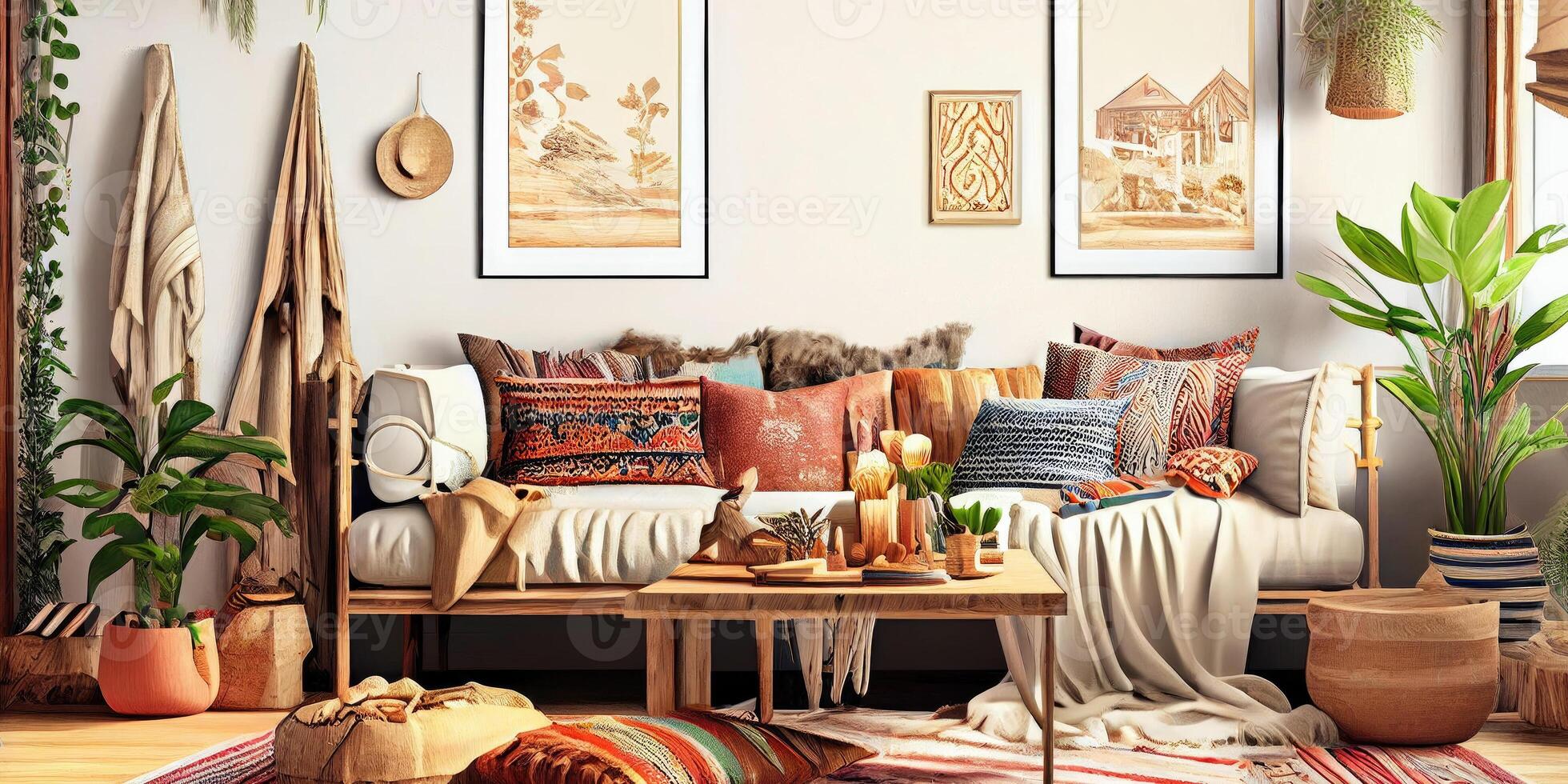 Stylish scandinavian living room with design mint sofa, furnitures, mock up poster map, plants and elegant personal accessories. Modern home decor. Bright and sunny room. Generative AI illustration. photo