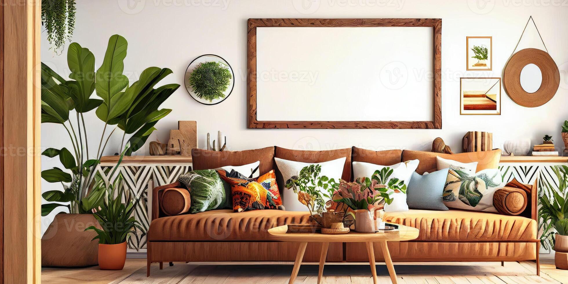 elegante escandinavo vivo habitación con diseño menta sofá, muebles, burlarse de arriba póster mapa, plantas y elegante personal accesorios. moderno hogar decoración. brillante y soleado habitación. generativo ai ilustración. foto