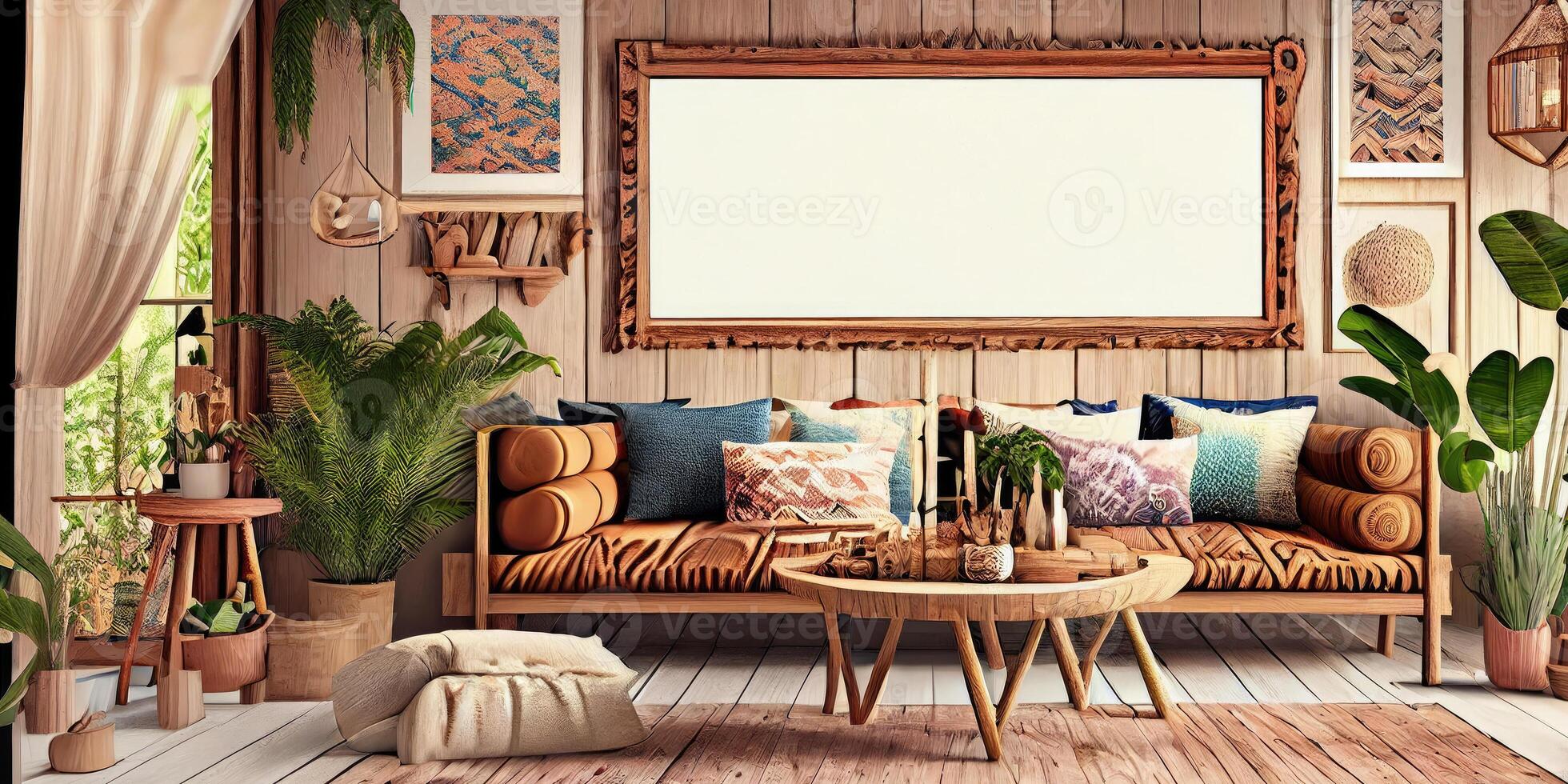 Stylish scandinavian living room with design mint sofa, furnitures, mock up poster map, plants and elegant personal accessories. Modern home decor. Bright and sunny room. Generative AI illustration. photo