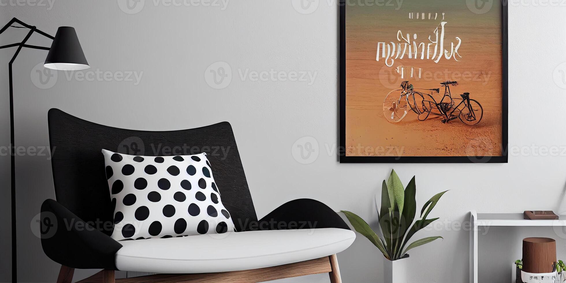 Stylish scandinavian living room with design mint sofa, furnitures, mock up poster map, plants and elegant personal accessories. Modern home decor. Bright and sunny room. Generative AI illustration. photo