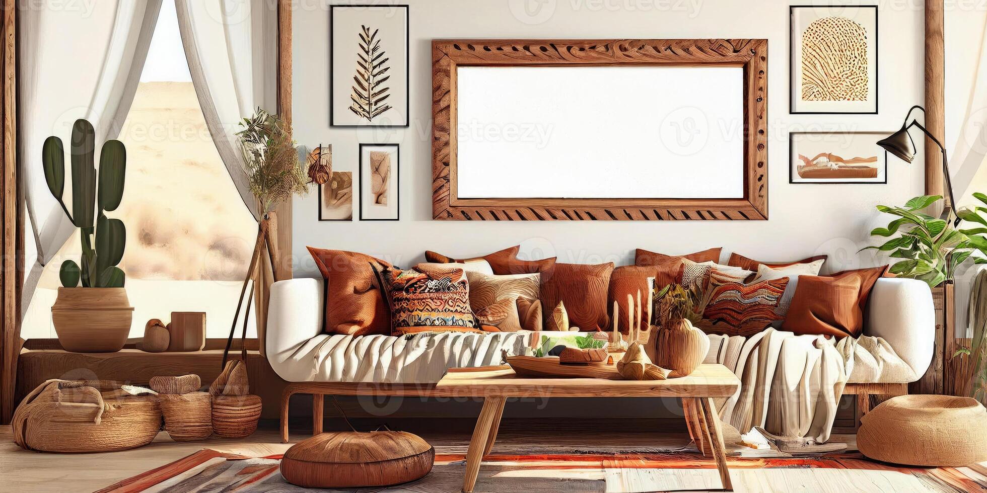 Stylish scandinavian living room with design mint sofa, furnitures, mock up poster map, plants and elegant personal accessories. Modern home decor. Bright and sunny room. Generative AI illustration. photo