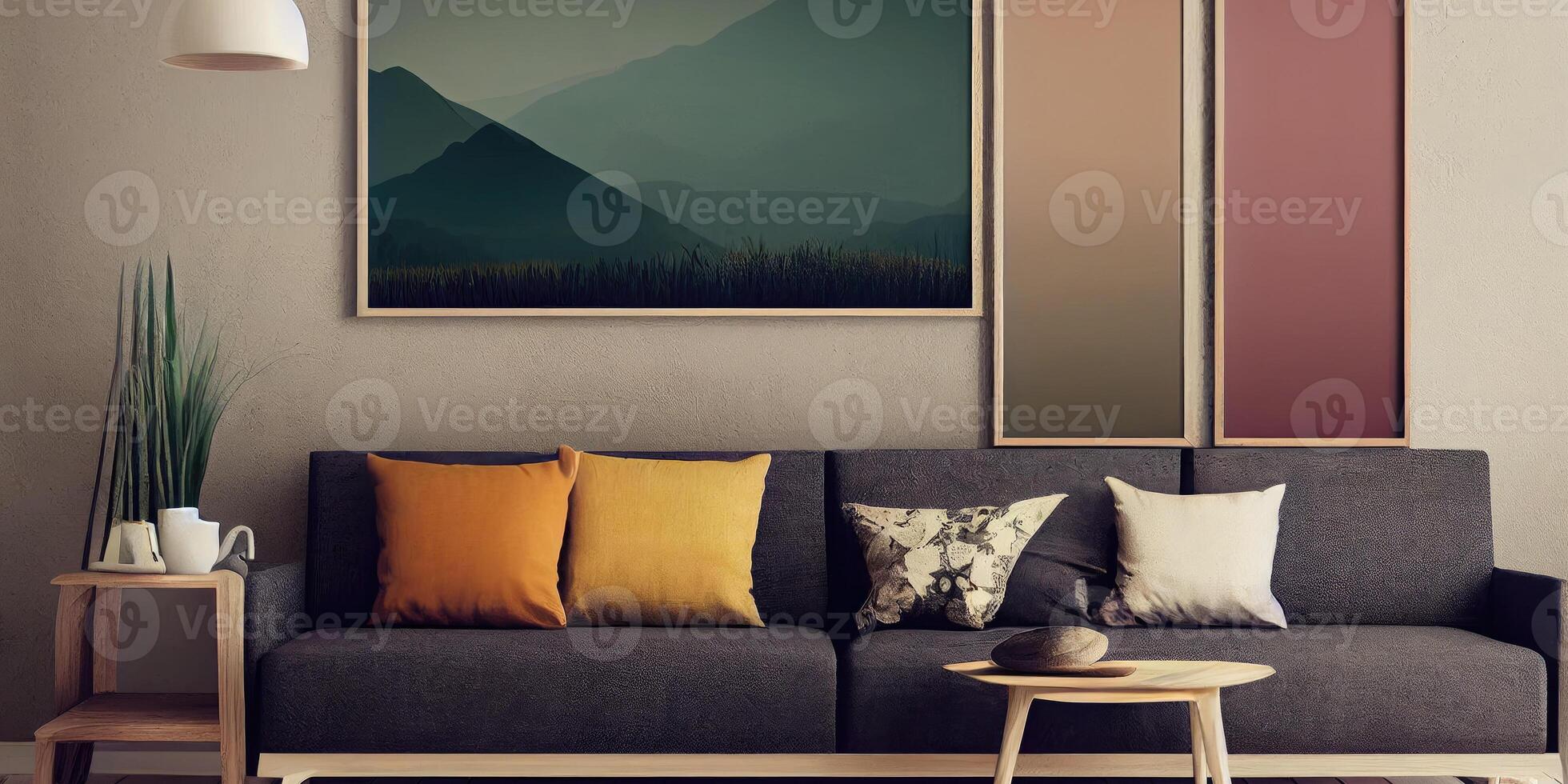 Stylish scandinavian living room with design mint sofa, furnitures, mock up poster map, plants and elegant personal accessories. Modern home decor. Bright and sunny room. Generative AI illustration. photo