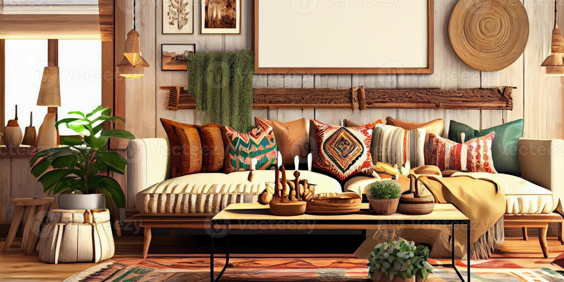 Stylish scandinavian living room with design mint sofa, furnitures, mock up poster map, plants and elegant personal accessories. Modern home decor. Bright and sunny room. Generative AI illustration. photo