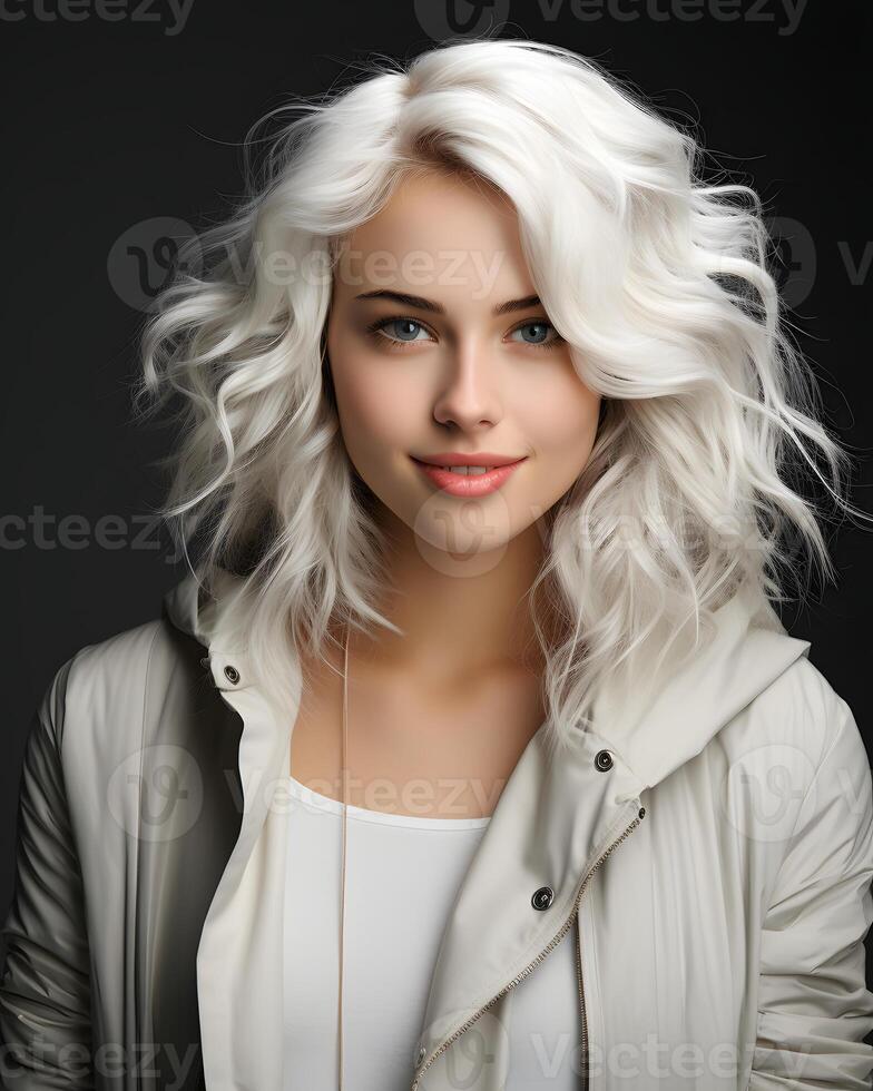 ai generado retrato de mujer con plata cabello. generativo ai foto