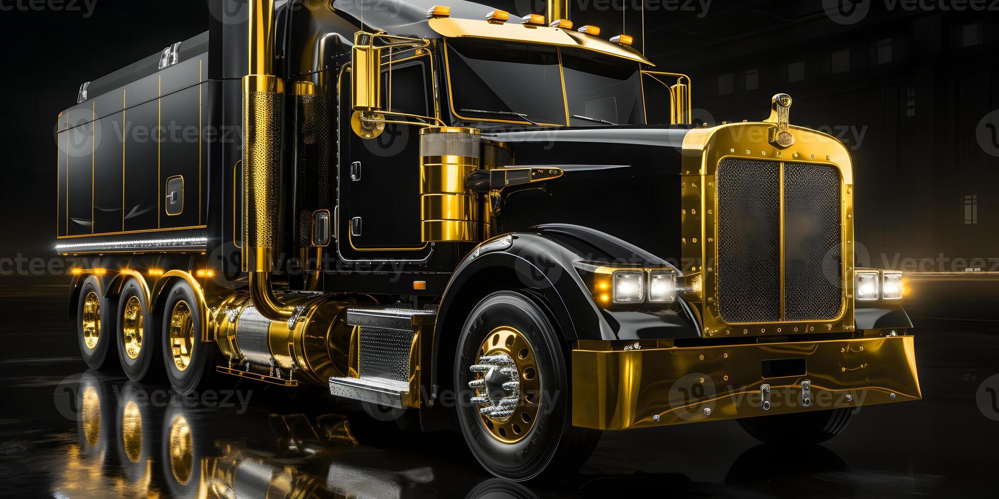 AI generated Luxury Blackk and Gold Semi Truck on Black Background. Cargo Delivery Truck. Generative Ai photo