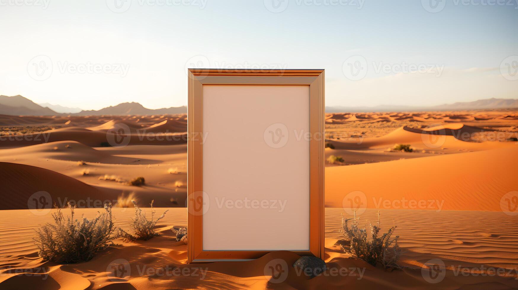 AI generated Empty Wooden Photo Frame in the Desert. Blank Picture Frame Mockup. Generative Ai