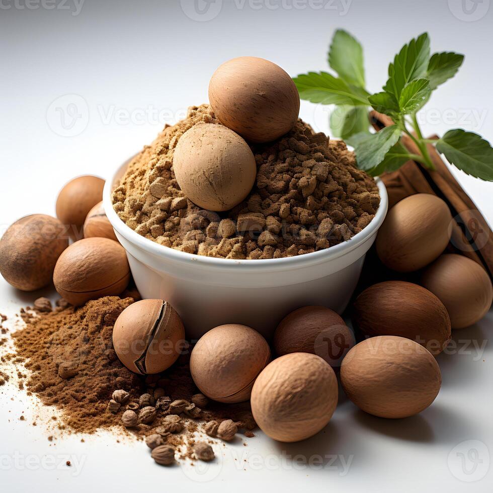 AI generated Pile of Nutmeg Isolated on White Background. Generative Ai photo