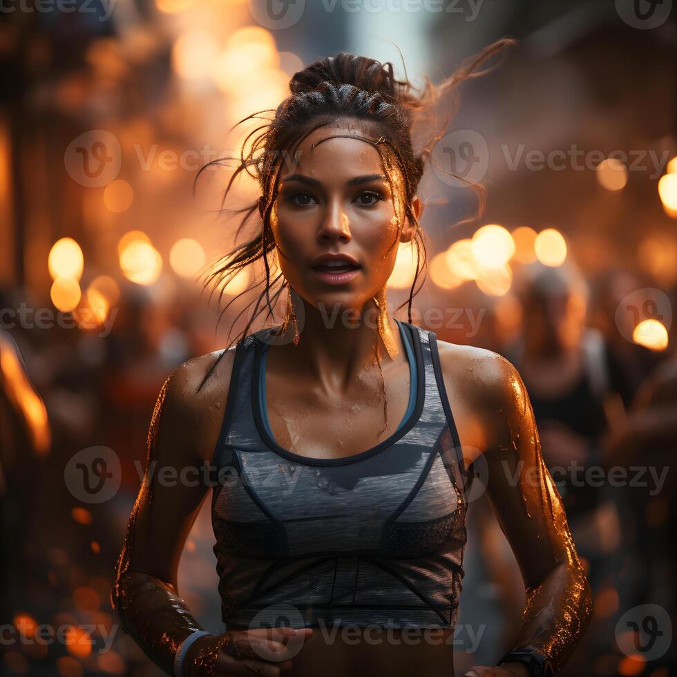 AI generated A Female Athlete Runs on a Track with Energetic Light Effects Behind. Women in Marathon. Generative Ai photo