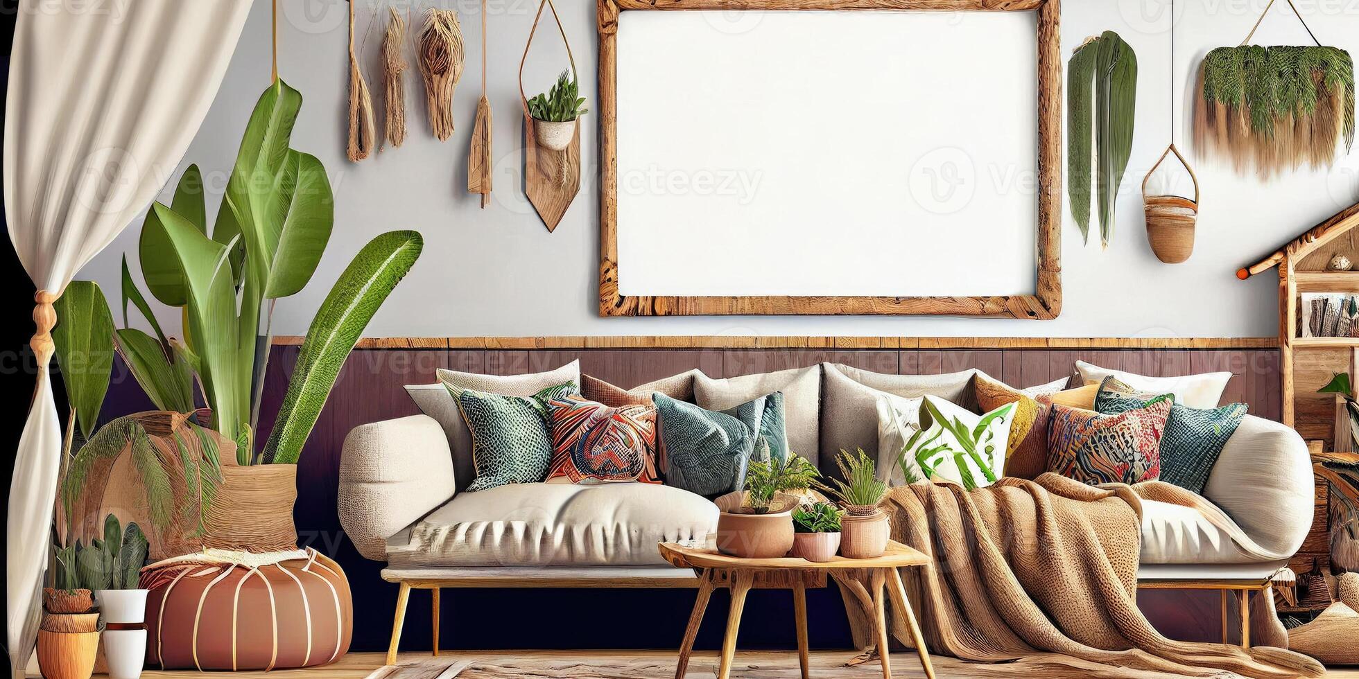 Stylish scandinavian living room with design mint sofa, furnitures, mock up poster map, plants and elegant personal accessories. Modern home decor. Bright and sunny room. Generative AI illustration. photo
