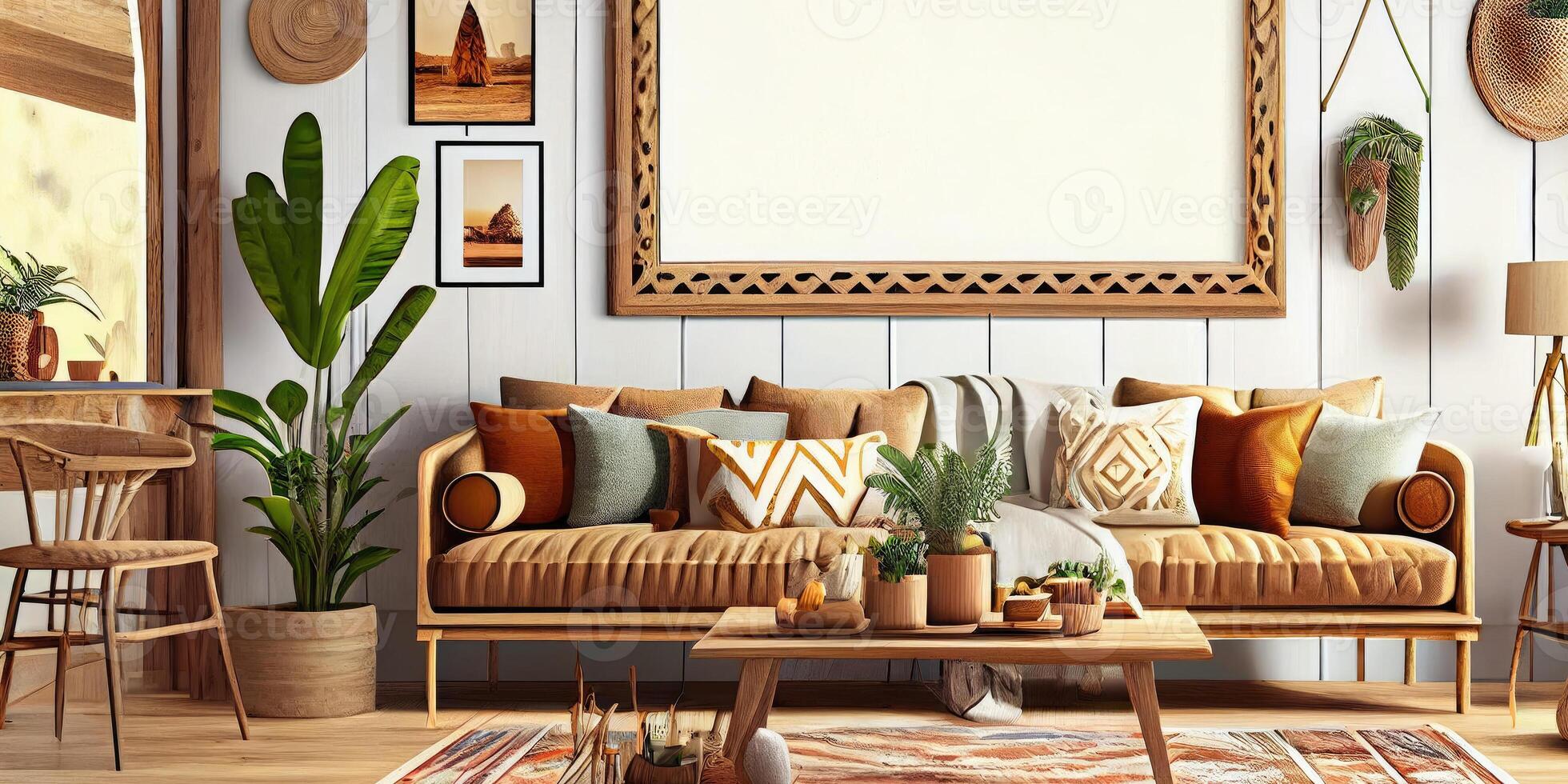 elegante escandinavo vivo habitación con diseño menta sofá, muebles, burlarse de arriba póster mapa, plantas y elegante personal accesorios. moderno hogar decoración. brillante y soleado habitación. generativo ai ilustración. foto