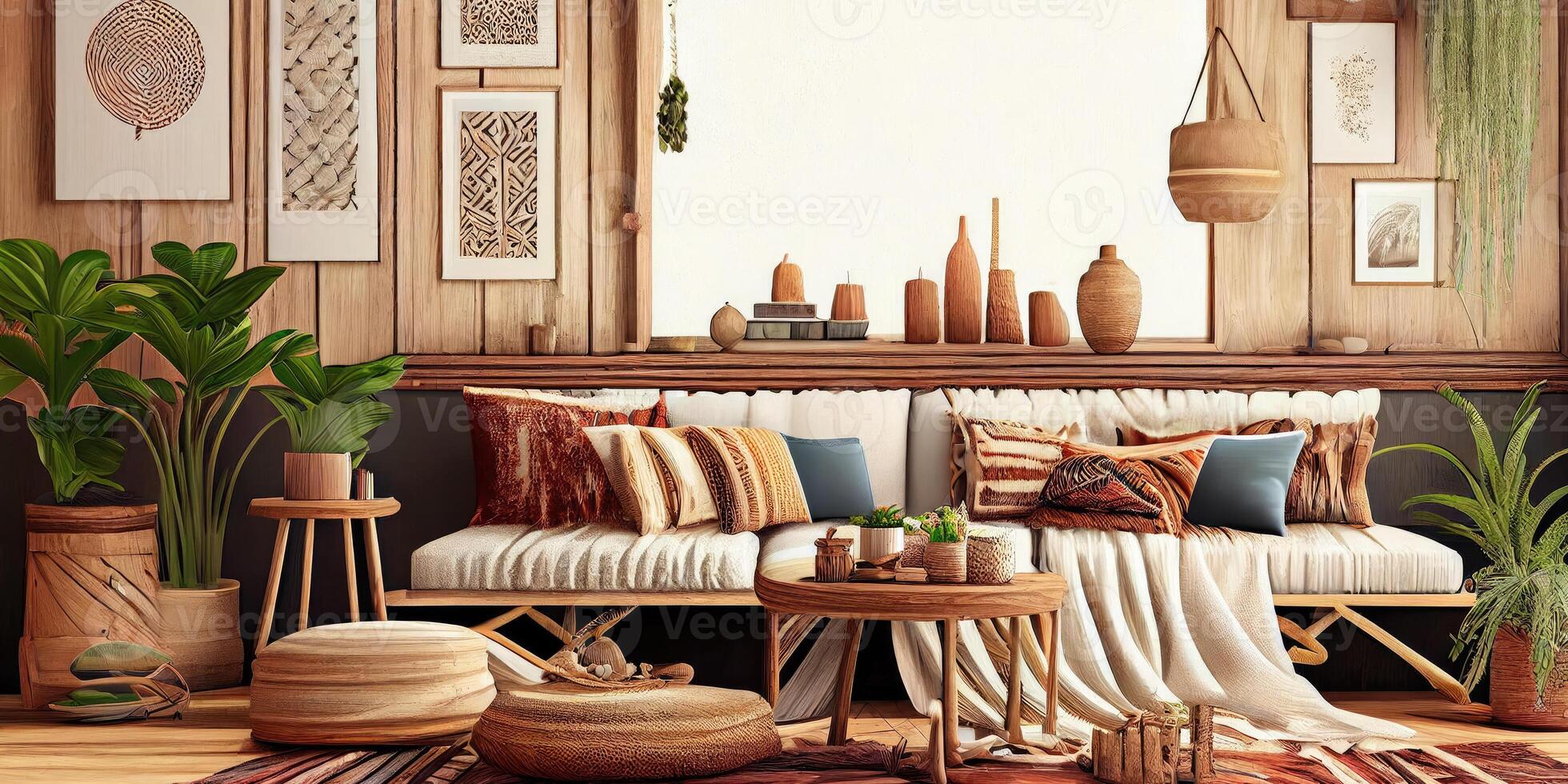 Stylish scandinavian living room with design mint sofa, furnitures, mock up poster map, plants and elegant personal accessories. Modern home decor. Bright and sunny room. Generative AI illustration. photo