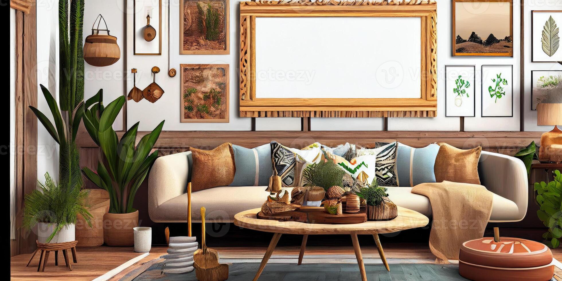 Stylish scandinavian living room with design mint sofa, furnitures, mock up poster map, plants and elegant personal accessories. Modern home decor. Bright and sunny room. Generative AI illustration. photo