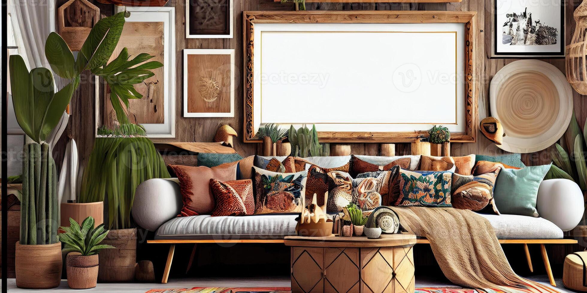 Stylish scandinavian living room with design mint sofa, furnitures, mock up poster map, plants and elegant personal accessories. Modern home decor. Bright and sunny room. Generative AI illustration. photo