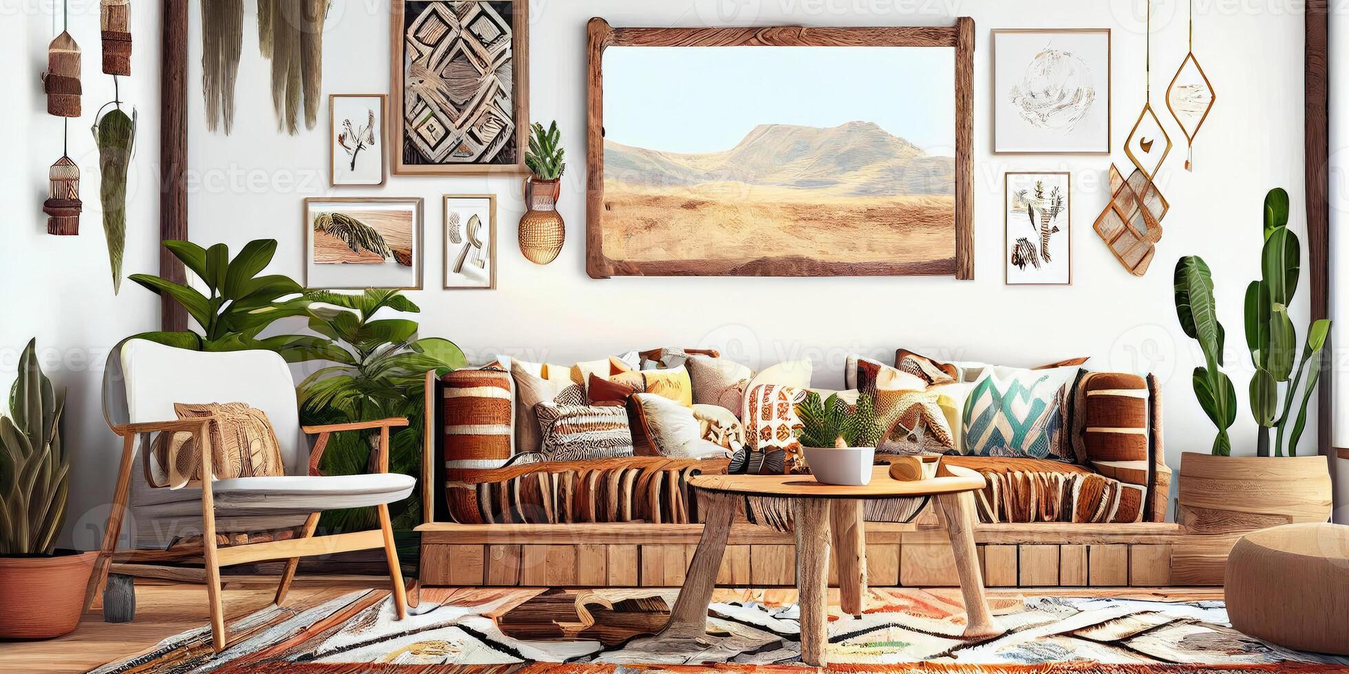 Stylish scandinavian living room with design mint sofa, furnitures, mock up poster map, plants and elegant personal accessories. Modern home decor. Bright and sunny room. Generative AI illustration. photo