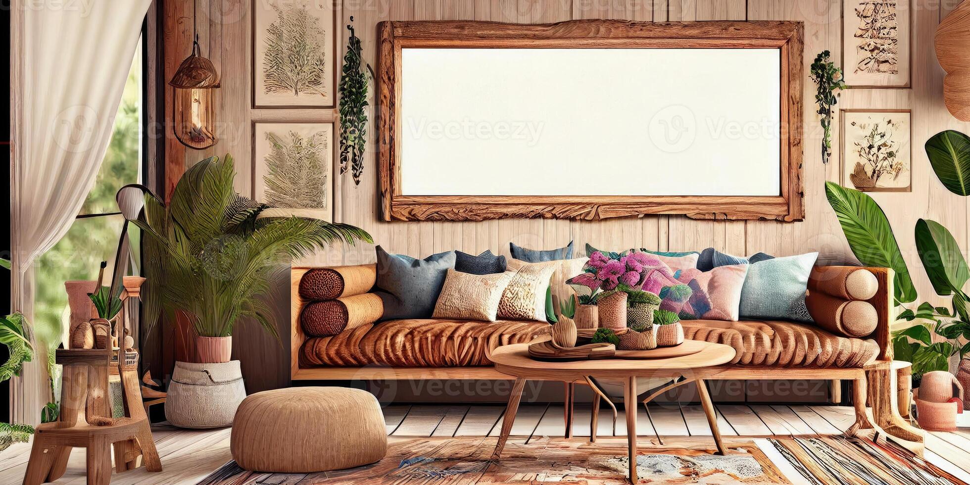 Stylish scandinavian living room with design mint sofa, furnitures, mock up poster map, plants and elegant personal accessories. Modern home decor. Bright and sunny room. Generative AI illustration. photo