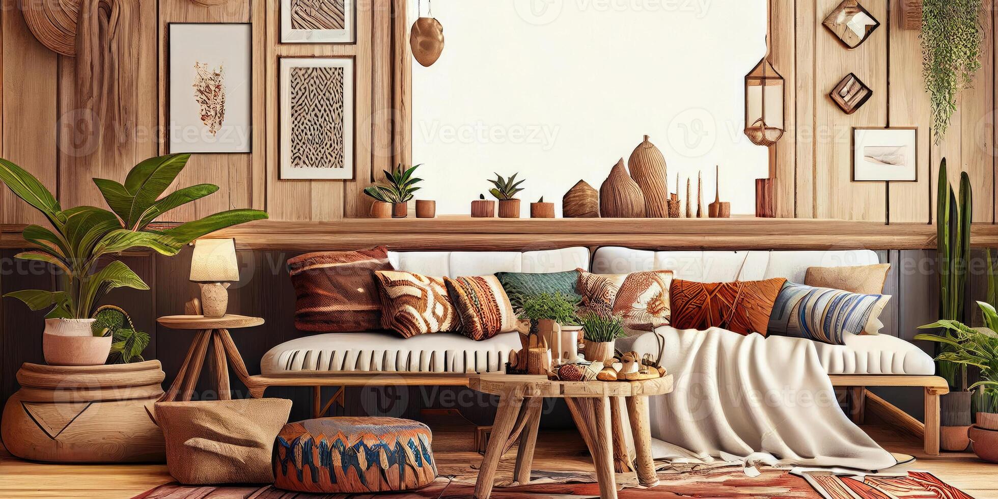 Stylish scandinavian living room with design mint sofa, furnitures, mock up poster map, plants and elegant personal accessories. Modern home decor. Bright and sunny room. Generative AI illustration. photo