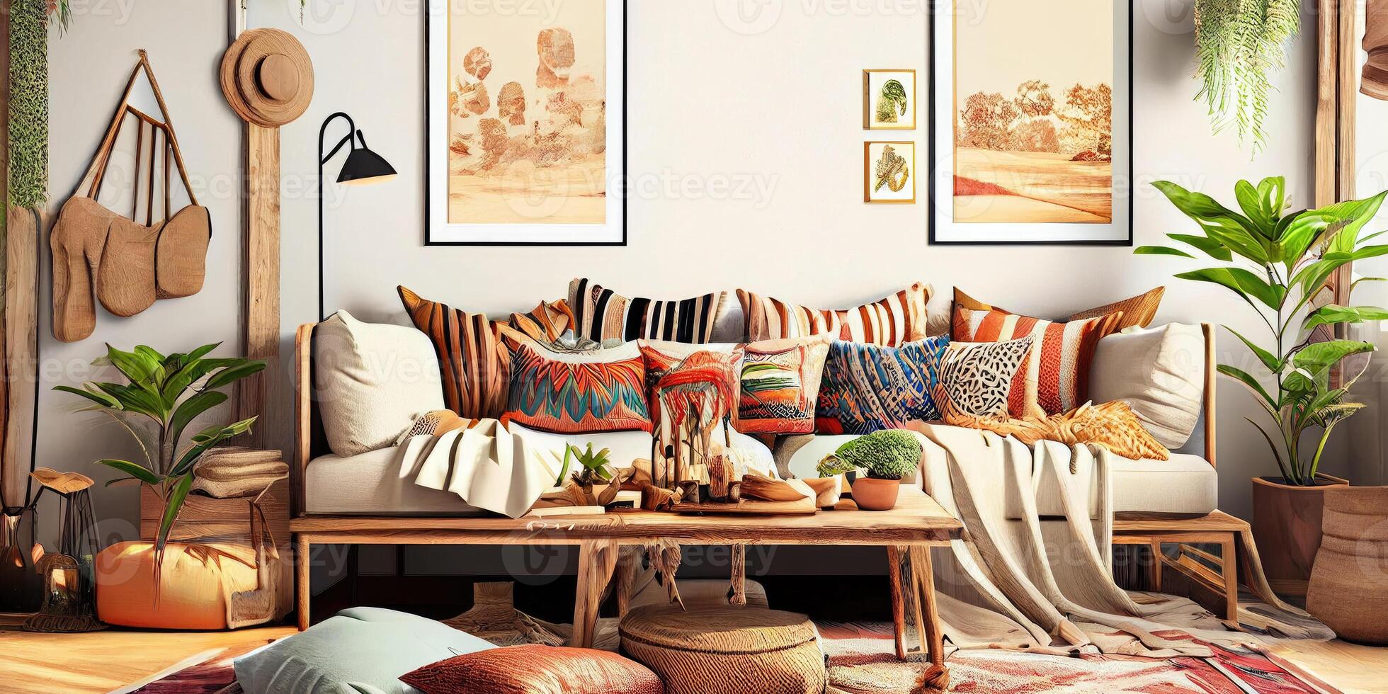 Stylish scandinavian living room with design mint sofa, furnitures, mock up poster map, plants and elegant personal accessories. Modern home decor. Bright and sunny room. Generative AI illustration. photo