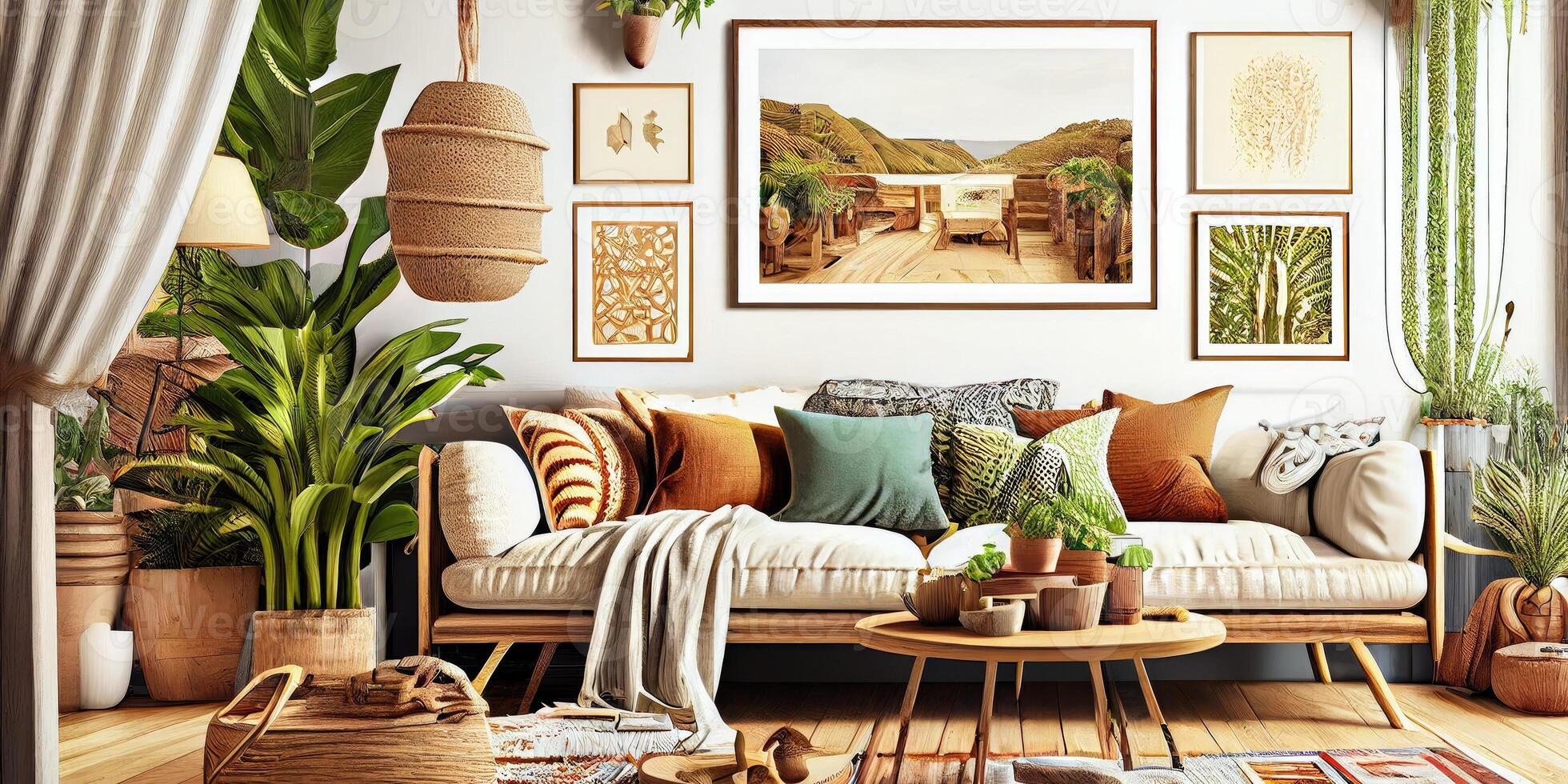 Stylish scandinavian living room with design mint sofa, furnitures, mock up poster map, plants and elegant personal accessories. Modern home decor. Bright and sunny room. Generative AI illustration. photo