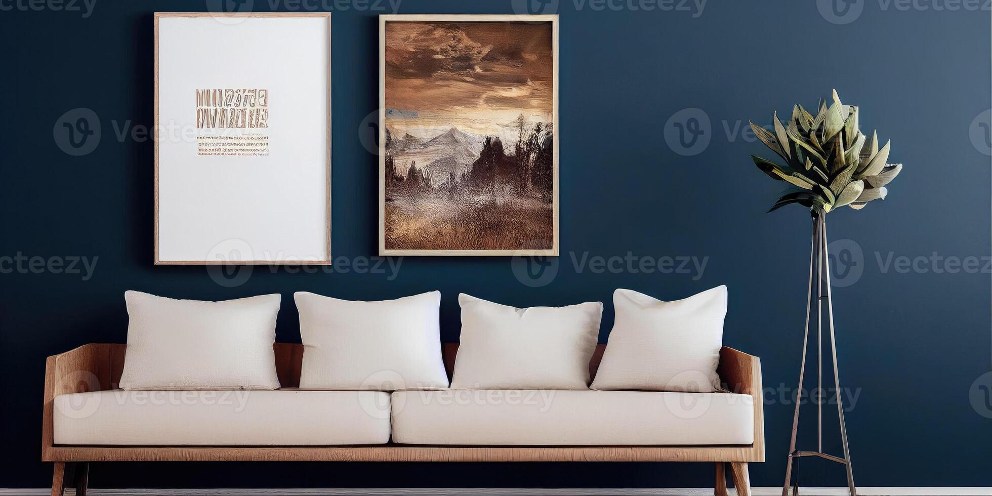 Stylish scandinavian living room with design mint sofa, furnitures, mock up poster map, plants and elegant personal accessories. Modern home decor. Bright and sunny room. Generative AI illustration. photo