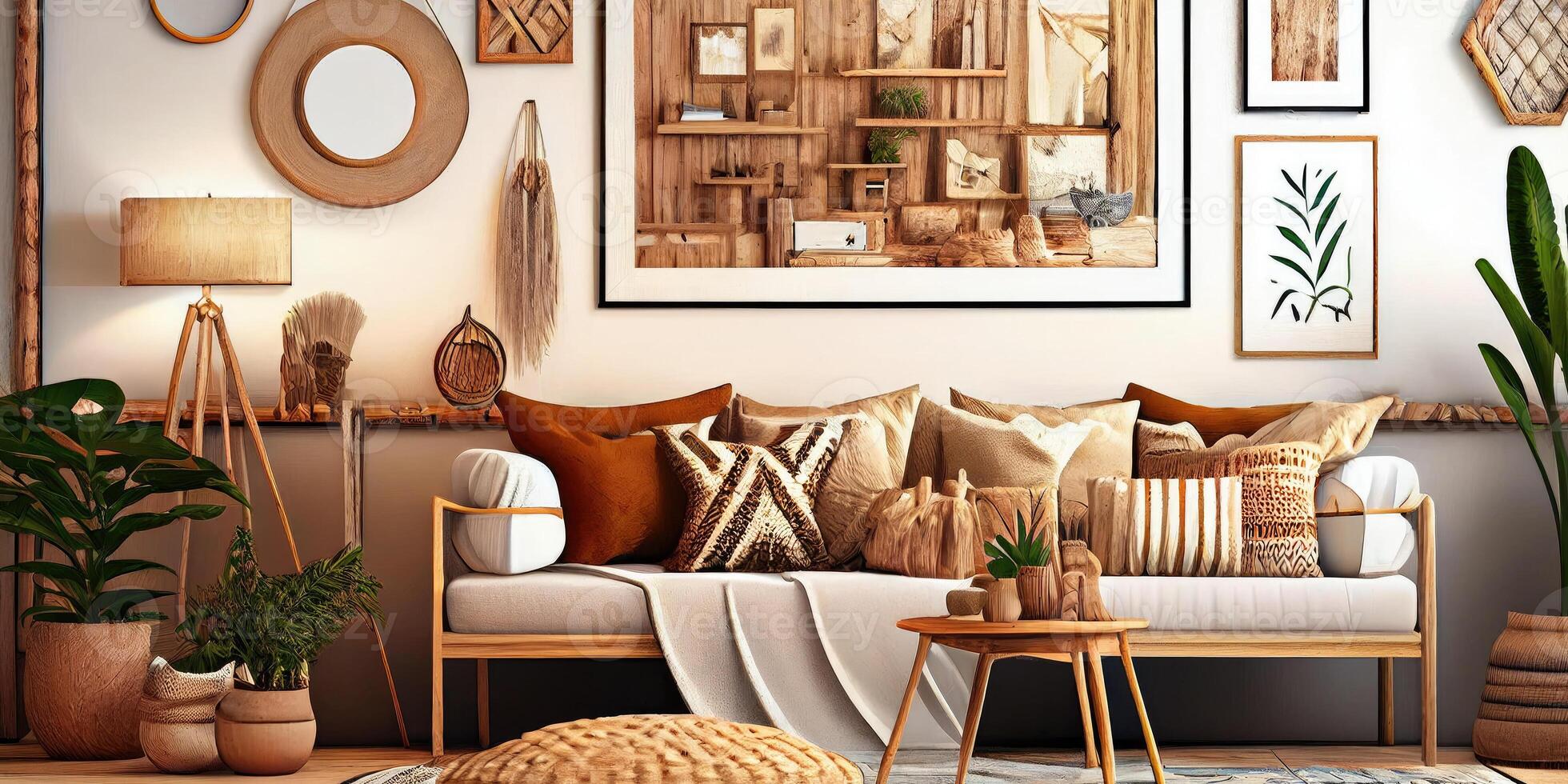 Stylish scandinavian living room with design mint sofa, furnitures, mock up poster map, plants and elegant personal accessories. Modern home decor. Bright and sunny room. Generative AI illustration. photo