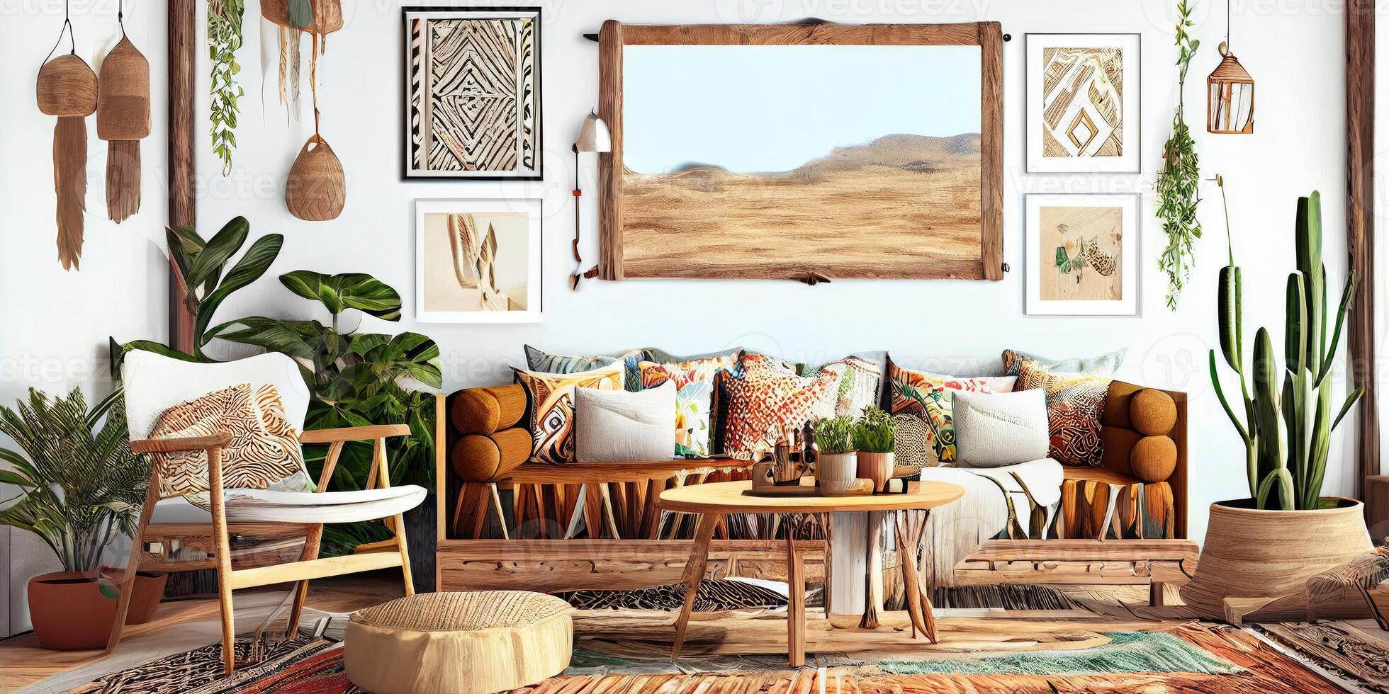 Stylish scandinavian living room with design mint sofa, furnitures, mock up poster map, plants and elegant personal accessories. Modern home decor. Bright and sunny room. Generative AI illustration. photo