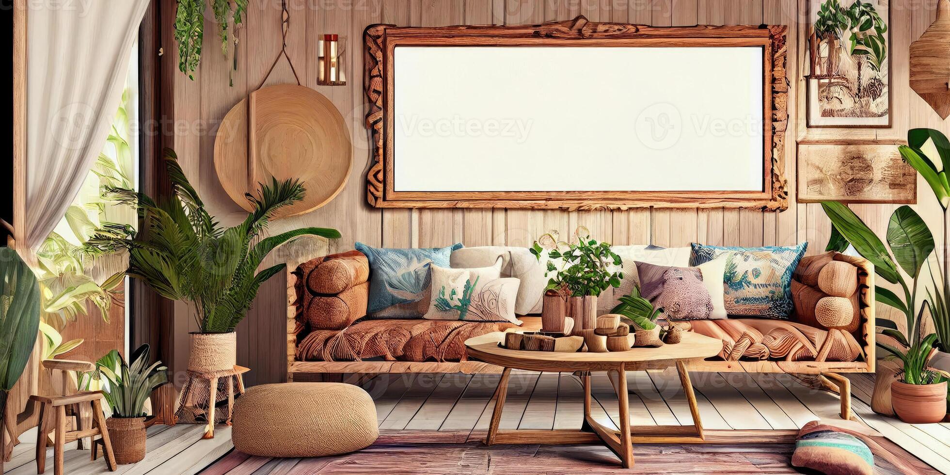 Stylish scandinavian living room with design mint sofa, furnitures, mock up poster map, plants and elegant personal accessories. Modern home decor. Bright and sunny room. Generative AI illustration. photo